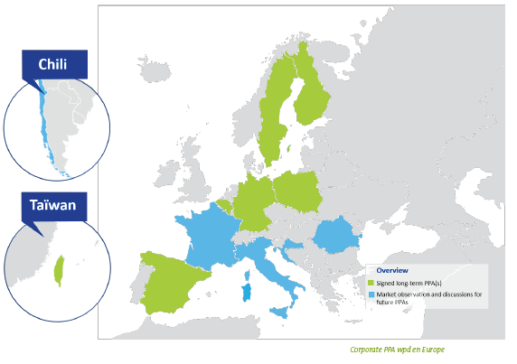 vert : pays où wpd a déjà signé des contrats de PPA ; bleu : pays où des discussions sont en cours